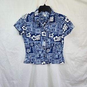 Island Candy Vintage Women's Blue White‎ Floral Hawaiian Short Sleeve Top Medium